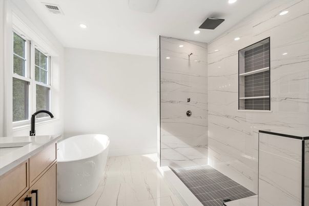 Bathroom, Free Standing Baths, Glass Shower, Interior, Marble, Marble Walls, Recessed Lighting