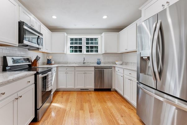Interior, Kitchen, Recessed Lighting, Stainless Steel Appliances, Wood Texture Flooring