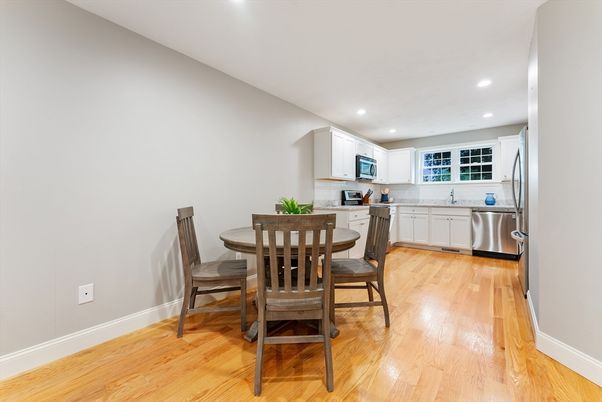 Dining room, Interior, Kitchen, Recessed Lighting, Stainless Steel Appliances, Wood Texture Flooring