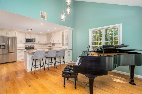 Interior, Kitchen, Pendant Lights, Piano, Recessed Lighting, Stainless Steel Appliances, Wood Texture Flooring