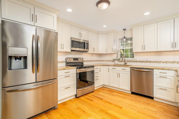 Interior, Kitchen, Pendant Lights, Recessed Lighting, Stainless Steel Appliances, Wood Texture Flooring