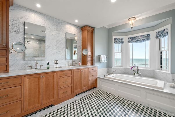 Bathroom, Dual Sink Vanities, Interior, Marble Walls, Recessed Lighting, Water