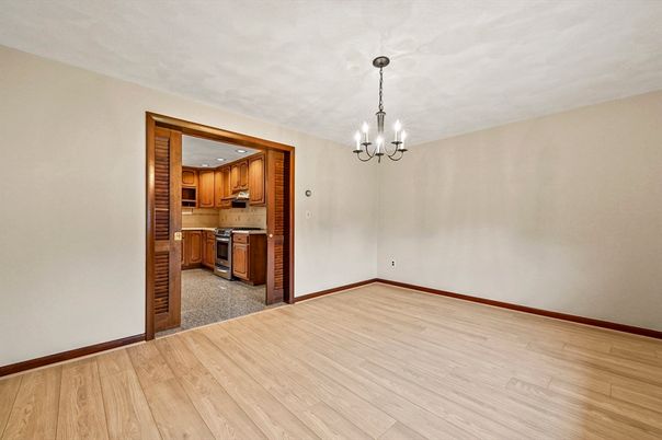 Chandelier, Empty room, Interior, Kitchen, Stainless Steel Appliances, Wood Texture Flooring