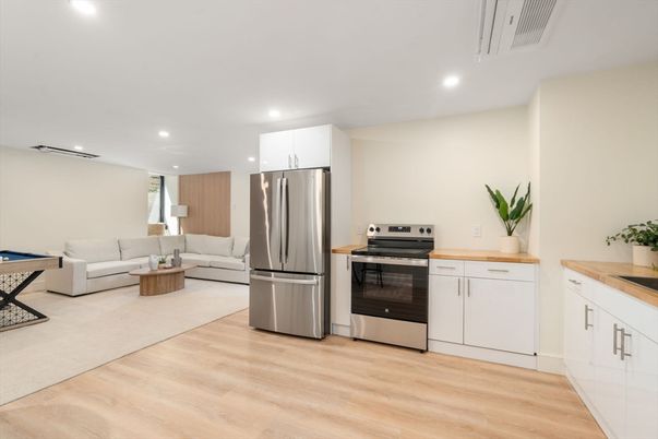 Interior, Kitchen, Living room, Recessed Lighting, Stainless Steel Appliances, Wood Texture Flooring
