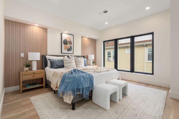 Bedroom, Interior, Recessed Lighting, Wood Texture Flooring