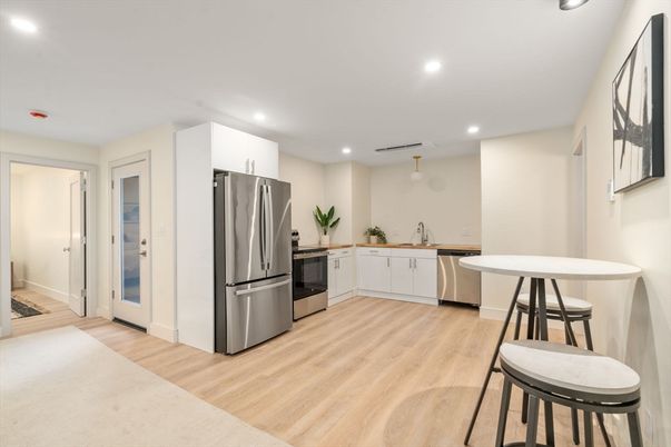 Interior, Kitchen, Pendant Lights, Recessed Lighting, Stainless Steel Appliances, Wood Texture Flooring