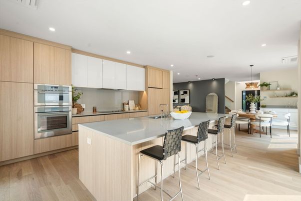 Dining room, Interior, Kitchen, Pendant Lights, Recessed Lighting, Stainless Steel Appliances, Wood Texture Flooring