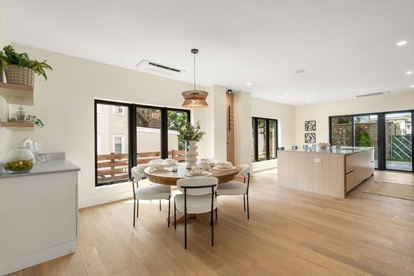 Dining room, Interior, Pendant Lights, Recessed Lighting, Wood Texture Flooring