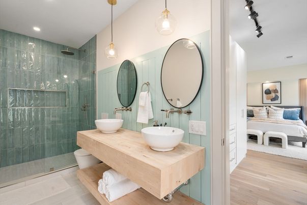 Bathroom, Bedroom, Glass Shower, Interior, Pendant Lights, Recessed Lighting, Wood Texture Flooring