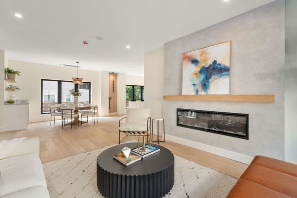 Dining room, Fireplace, Interior, Living room, Pendant Lights, Recessed Lighting, Wood Texture Flooring