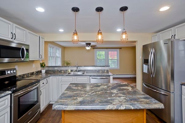 Interior, Kitchen, Pendant Lights, Recessed Lighting, Stainless Steel Appliances, Wood Texture Flooring
