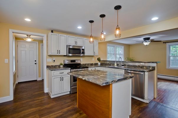 Interior, Kitchen, Pendant Lights, Recessed Lighting, Stainless Steel Appliances, Wood Texture Flooring