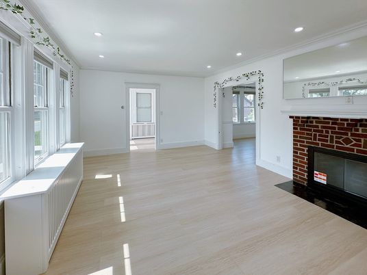 Empty room, Fireplace, Interior, Recessed Lighting, Wood Texture Flooring