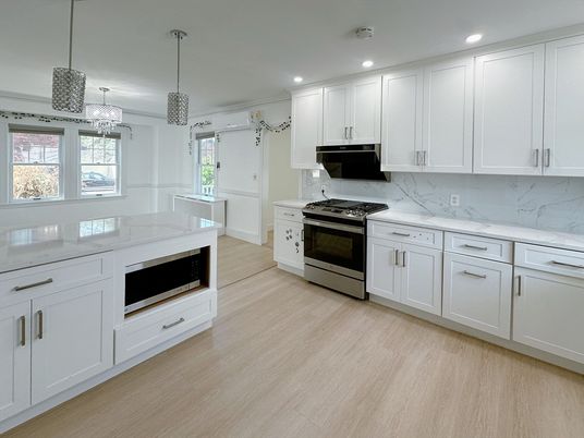 Interior, Kitchen, Marble Walls, Pendant Lights, Recessed Lighting, Wood Texture Flooring