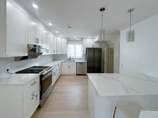Interior, Kitchen, Pendant Lights, Recessed Lighting, Stainless Steel Appliances, Wood Texture Flooring