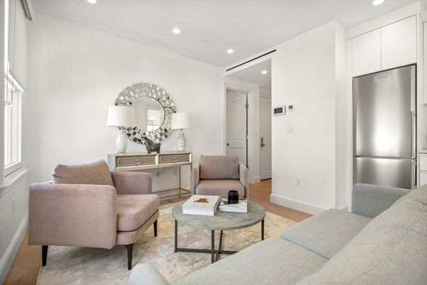 Interior, Living room, Recessed Lighting, Stainless Steel Appliances, Wood Texture Flooring