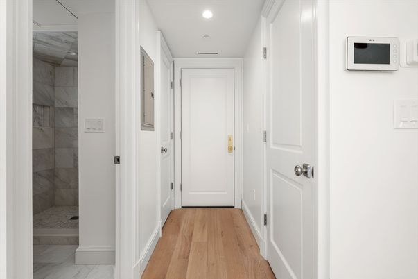 Bathroom, Interior, Marble, Marble Walls, Recessed Lighting, Wood Texture Flooring