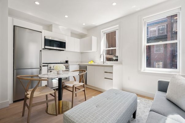 Dining room, Interior, Kitchen, Recessed Lighting, Stainless Steel Appliances, Wood Texture Flooring