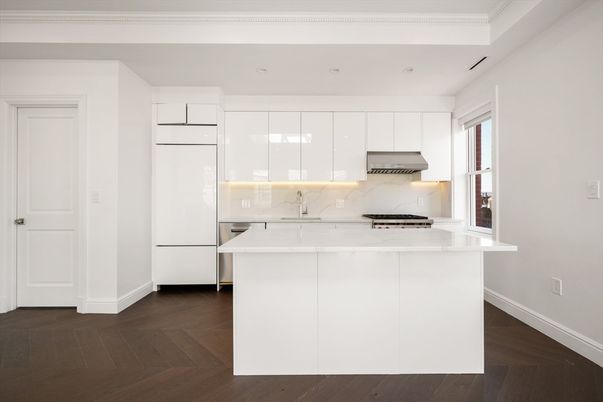 Interior, Kitchen, Marble Walls, Stainless Steel Appliances, Wood Texture Flooring