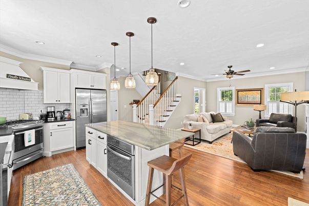 Interior, Kitchen, Living room, Pendant Lights, Recessed Lighting, Stainless Steel Appliances, Wood Texture Flooring