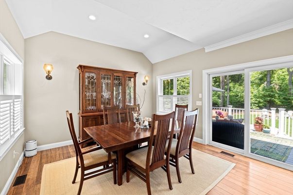Dining room, Interior, Recessed Lighting, Wood Texture Flooring