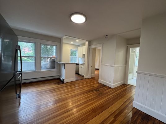Empty room, Interior, Kitchen, Recessed Lighting, Wood Texture Flooring