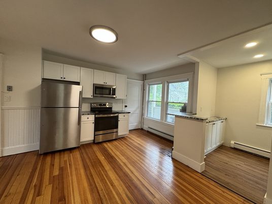 Interior, Kitchen, Recessed Lighting, Stainless Steel Appliances, Wood Texture Flooring