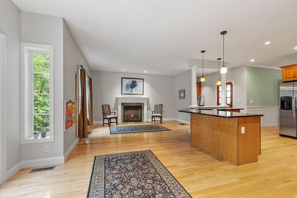Fireplace, Interior, Kitchen, Pendant Lights, Recessed Lighting, Wood Texture Flooring