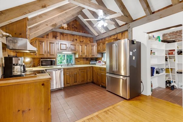 Interior, Kitchen, Stainless Steel Appliances, Wooden Beams, Wood Texture Flooring
