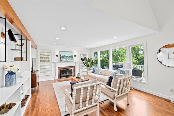 Fireplace, Interior, Living room, Recessed Lighting, Wood Texture Flooring