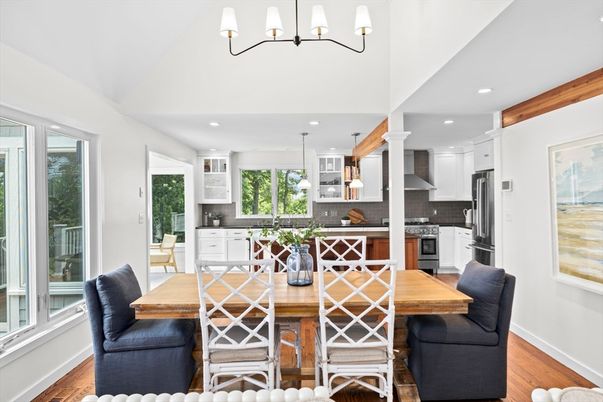 Dining room, Interior, Kitchen, Pendant Lights, Recessed Lighting, Stainless Steel Appliances, Wood Texture Flooring