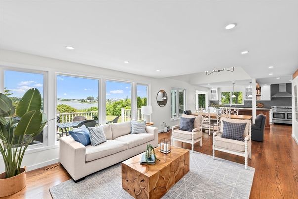Dining room, Interior, Kitchen, Living room, Recessed Lighting, Stainless Steel Appliances, Water, Wood Texture Flooring