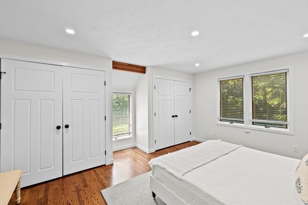 Bedroom, Interior, Recessed Lighting, Wooden Beams, Wood Texture Flooring