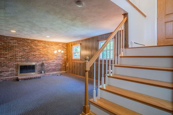 Fireplace, Interior, Recessed Lighting, Stone Walls