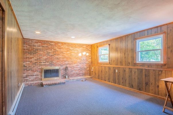Empty room, Fireplace, Interior, Recessed Lighting, Stone Walls, Wooden Walls