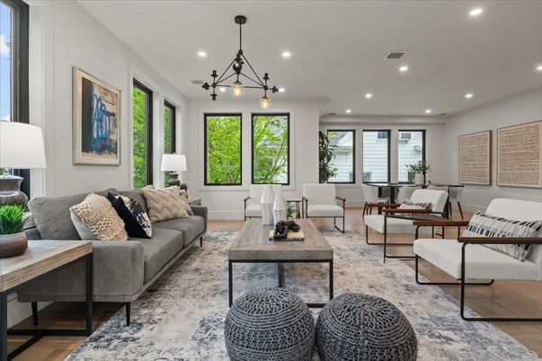 Dining room, Interior, Living room, Pendant Lights, Recessed Lighting, Wood Texture Flooring