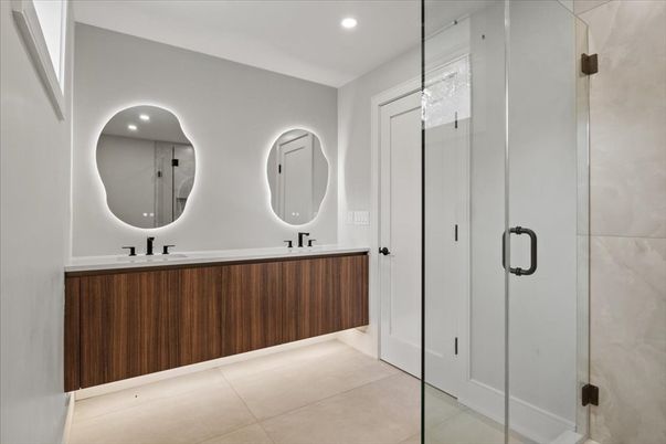 Bathroom, Dual Sink Vanities, Glass Shower, Interior, Recessed Lighting