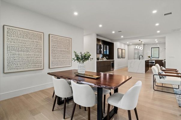 Dining room, Interior, Kitchen, Marble Walls, Pendant Lights, Recessed Lighting, Wood Texture Flooring