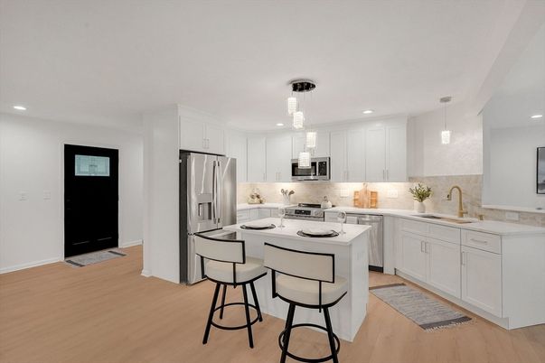 Interior, Kitchen, Pendant Lights, Recessed Lighting, Stainless Steel Appliances, Wood Texture Flooring