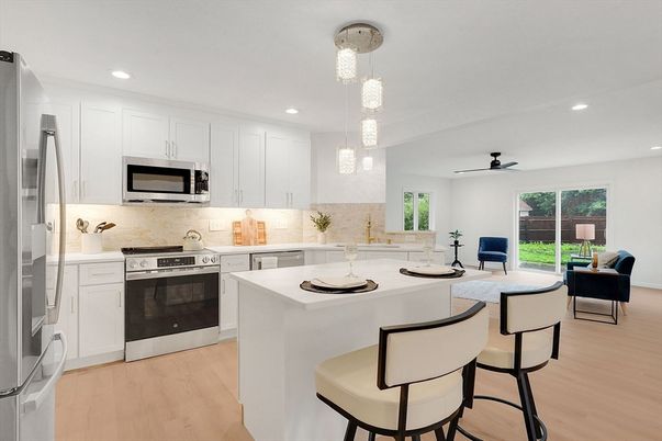 Interior, Kitchen, Pendant Lights, Recessed Lighting, Stainless Steel Appliances, Wood Texture Flooring
