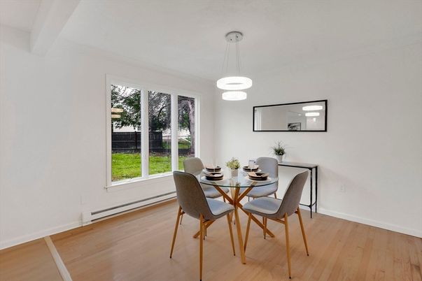 Dining room, Interior, Pendant Lights, Wood Texture Flooring