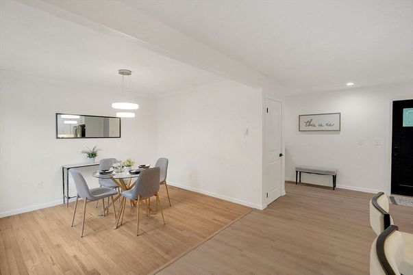 Dining room, Interior, Pendant Lights, Recessed Lighting, Wood Texture Flooring