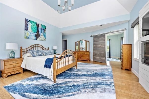 Bedroom, Chandelier, Interior, Recessed Lighting, Wood Texture Flooring