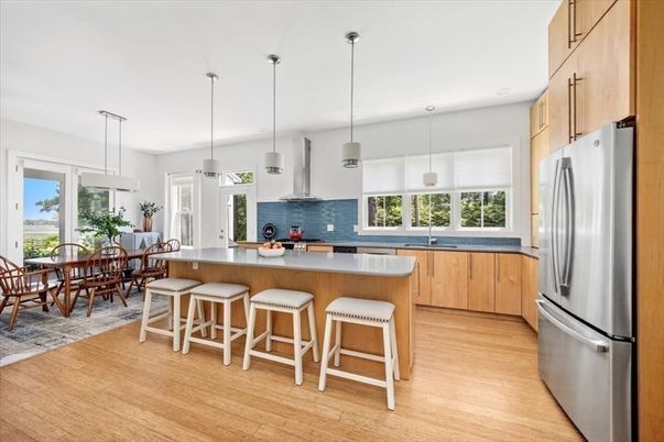 Dining room, Interior, Kitchen, Pendant Lights, Stainless Steel Appliances, Wood Texture Flooring