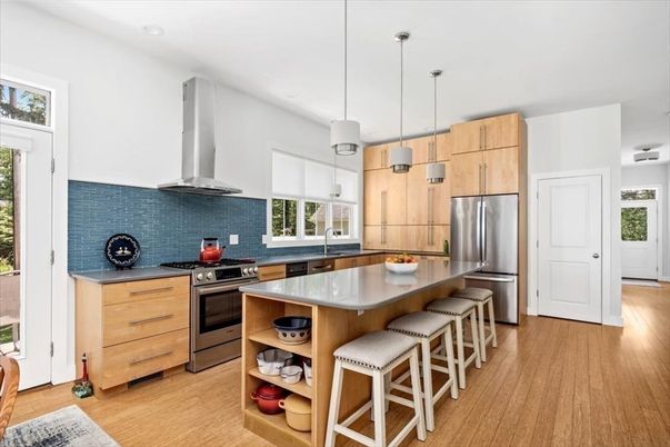 Interior, Kitchen, Pendant Lights, Recessed Lighting, Stainless Steel Appliances, Wood Texture Flooring