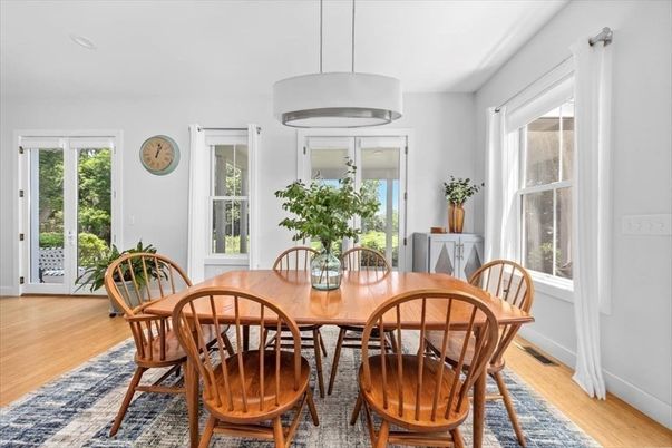Dining room, Interior, Pendant Lights, Wood Texture Flooring