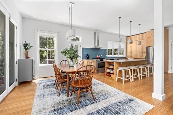 Dining room, Interior, Kitchen, Pendant Lights, Stainless Steel Appliances, Wood Texture Flooring