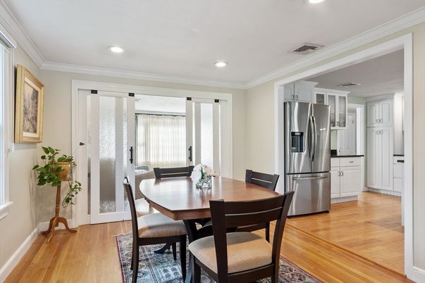 Dining room, Interior, Kitchen, Recessed Lighting, Stainless Steel Appliances, Wood Texture Flooring