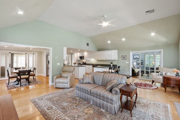 Dining room, Interior, Kitchen, Living room, Recessed Lighting, Stainless Steel Appliances, Wood Texture Flooring