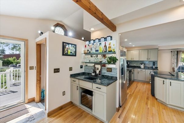 Interior, Kitchen, Recessed Lighting, Wooden Beams, Wood Texture Flooring